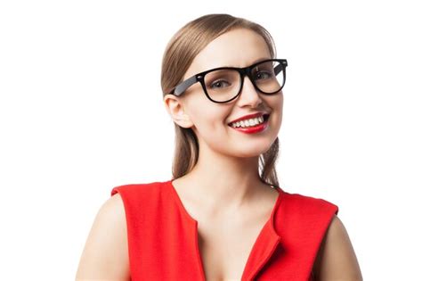 Premium Photo Portrait Of Beautiful Woman In Glasses And Red Dress With Red Lipstick On