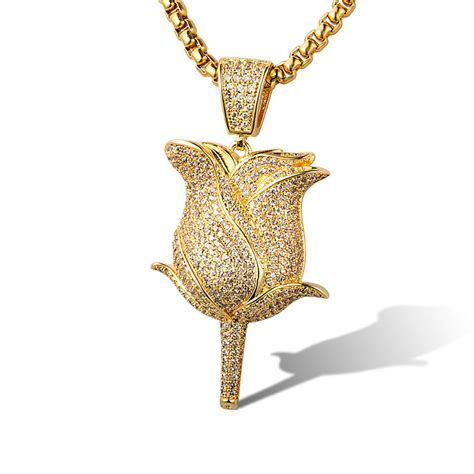 Hip hop jewelry , cuban links, tennis chains rapper jewelry High Quality New Design Hip Hop Iced Out Customize Rose Pendant Gold 18K Hip Hop Jewelry