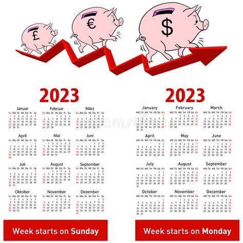 Stylish Calendar Pig Piggy Bank For 2023 Sundays First Stock Vector
