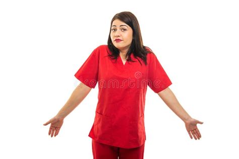 Portrait Of Beautiful Doctor Wearing Scrubs Using Showing Obscene