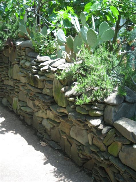 A Stone Wall With Plants Growing Out Of Its Sides And On The Other Side