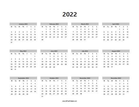 2022 Calendar Printable One Page