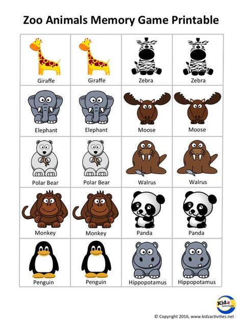 Zoo Animals Memory Game Free Printable By Kidz Activities Zoo Animals