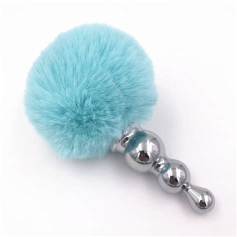 Light Blue Rabbit Tail Anal Plug Stainless Steel Butt Plugs Bunny Tail