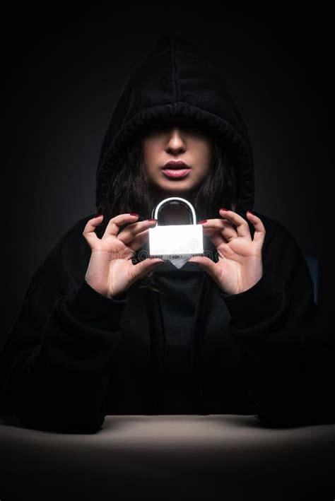 Female Hacker Hacking Security Firewall Late In Office Stock Image