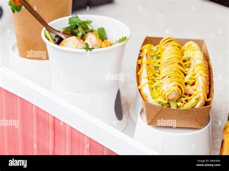 Modern Street Food Concept Hotdog With Mustard For Sale Stock Photo