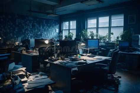 Messy Abandoned Office After Company Shut Down The Desk Is Cluttered