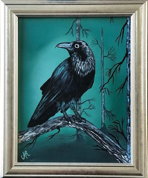 Raven Original Oil Painting On Canvas Silver Frame Birds The Black