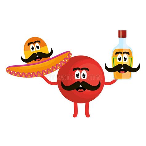 Mexican Emoji With Hat And Tequila Bottle Stock Vector Illustration