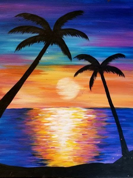 A Painting Of Two Palm Trees In Front Of The Ocean At Sunset With An