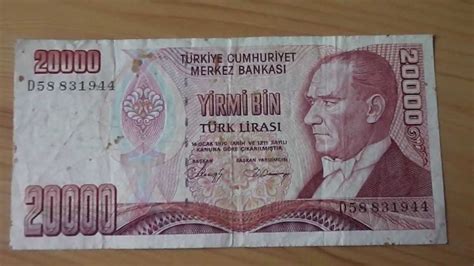 20 000 Türk Lirasi papermoney banknote of Turkey Yirmi Bin YouTube