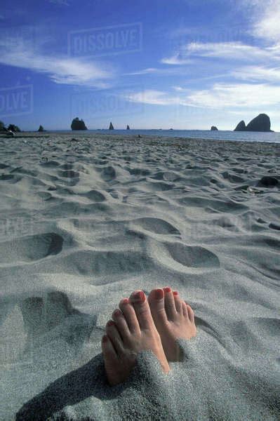 Feet Of A Woman Buried In Sand On A Beach Stock Photo Dissolve