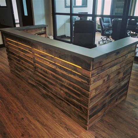 Illuminated Reclaimed Wood Slat And Steel Reception Desk Etsy