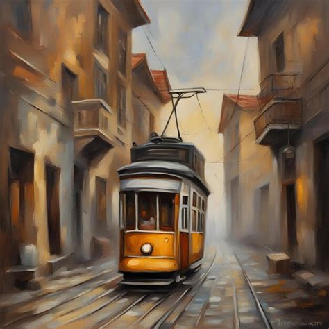 Premium Ai Image Tram In Old City Oil Paintings Landscape