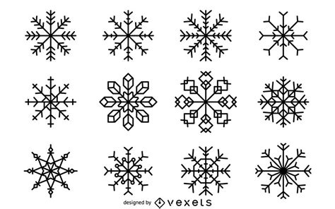 Set Of Geometric Snowflake Illustrations In Black Each Snowflake Is