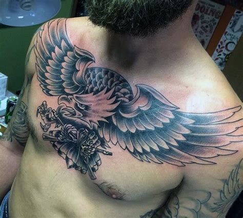 Impressive Designed Black And White Eagle Tattoo On Chest