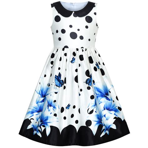 Girls Dress Blue Lily Flower Collar Vintage Party Dancing Sunny Fashion