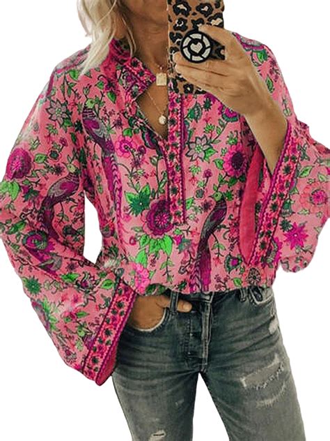 Women Shirts Casual V-Neck Bohemian Boho Floral Print Shirts Women Top