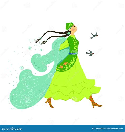 Vector Cartoon Postcard To Nauryz Kazakh Girl In The Image Of Spring