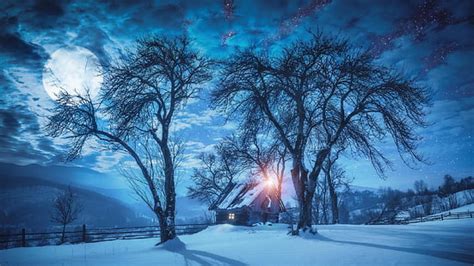 Hd Wallpaper Log Cabin Painting House Cottage Pine Frost Evening