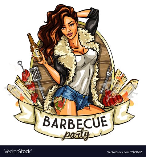 Barbecue Label With Pretty Woman Royalty Free Vector Image