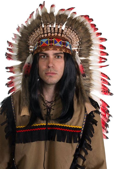 Costumes Reenactment Theatre Mens Native American Indian Black Wig With Feather Headdress