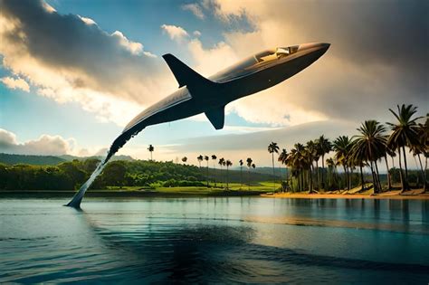 Um avião a jato voando sobre um corpo de água com palmeiras ao fundo
