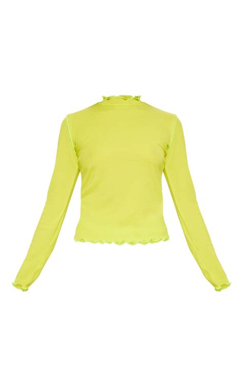 Neon Lime Frill Rib High Neck Top Tops Prettylittlething