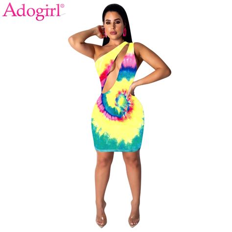 Adogirl Tie Dye Print Hollow Out One Shoulder Mini Dress Women Fashion