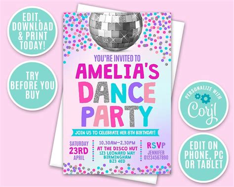 Dance Party Invitation Personalised Printable Digital File Etsy Australia