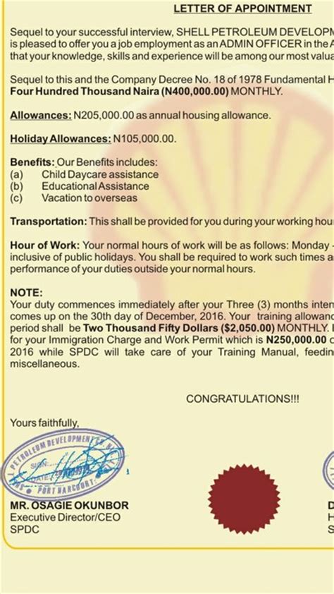An official appointment letter should contain the day of commencing your job, your role in the job, salary. (help About Shell Appointment Letter) - Jobs/Vacancies ...