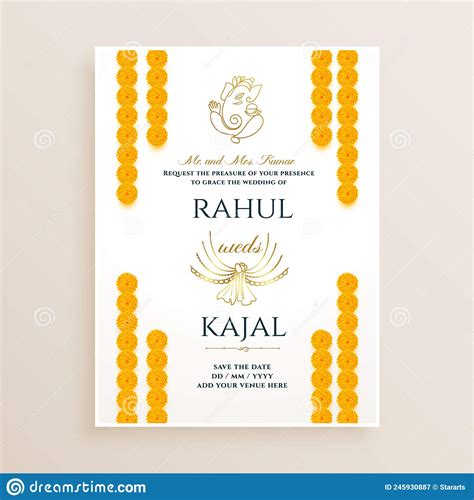 Marigold Flower Decorative Indian Wedding Card Design Stock Vector