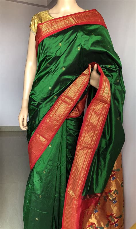 green with red contrast kadiyal paithani blue saree blouse saree designs pure silk sarees