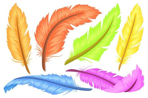 Set Of Colorful Feathers Different Shapes And Colors Cartoon And Flat