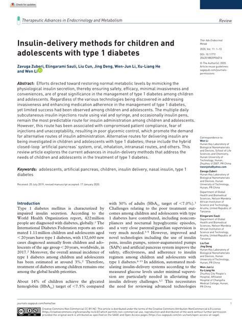 Pdf Insulin Delivery Methods For Children And Adolescents With Type 1