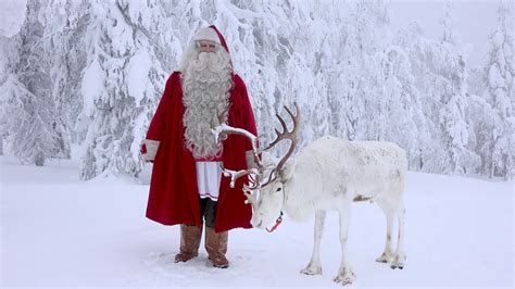 Santa Claus And Reindeer In Pello Lapland Merry Christmas And Happy New From Reindeer Land In