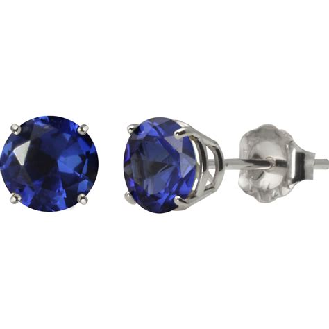10k White Gold 6mm Round Lab Created Blue Sapphire Gem Stud Earrings