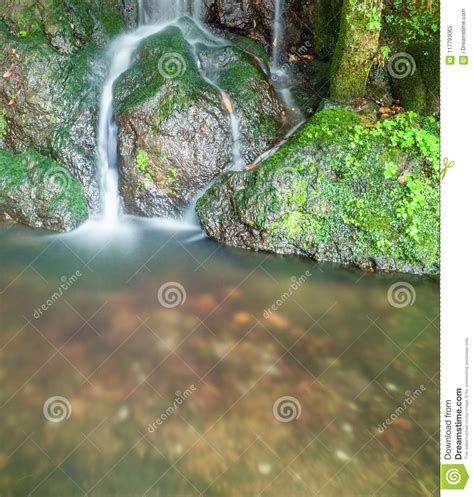 Small Silky Water Fall Running Over Moss Covered Rocks Stock Image