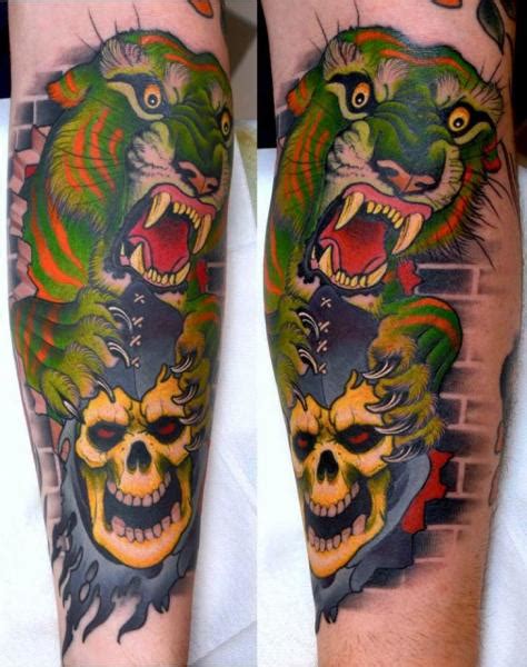 Arm New School Skull Tiger Tattoo By Peter Lagergren