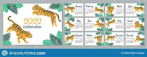 2022 Calendar Template Calendar With Symbol Year Tiger Stock Vector