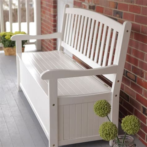 Comfortable Curved Back Outdoor Wood Storage Bench In Bright White For