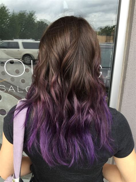 Maintain your beautiful dark locks with muted highlights, that accentuate your deep shade and keep it multidimensional. Purple balayage hair. Purple hair color tips. Purple ombre ...