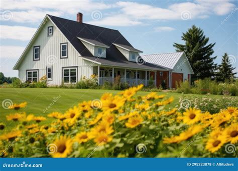 Farmhouse With Barn Annex Captured Amidst Blooming Sunflowers Stock