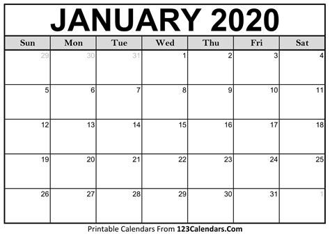 2020 Calendar 1 Month Per Page Printable
