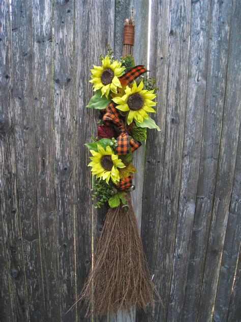 Hanging Cinnamon Broom Wsunflowers Velvet Fall Leaves Etsy