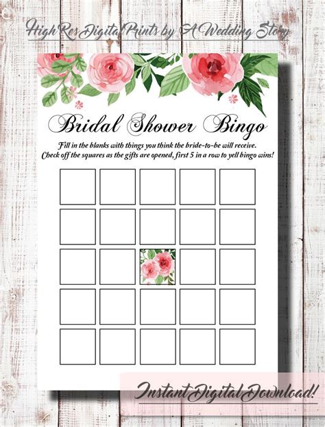 Bridal Shower Bingo Game Printable Instant Download Floral Flower