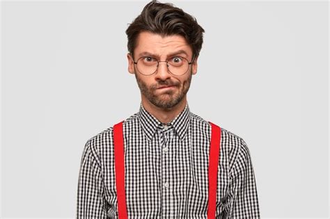 Free Photo Man Wearing Checkered Shirt And Red Suspenders