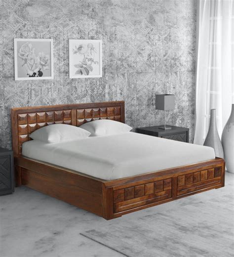 Buy Woodrow Sheesham Wood Queen Size Bed In Honey Finish With Box Storage Online Contemporary