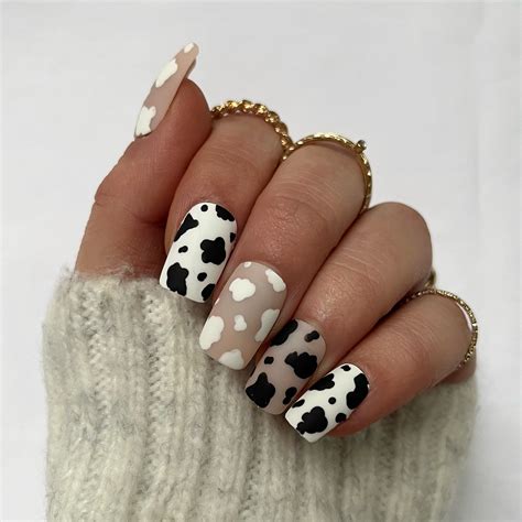 Matte Black And White Cow Print Set Of Nails Stick On Nails Etsy