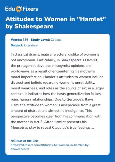 Attitudes To Women In Hamlet By Shakespeare Free Essay Example